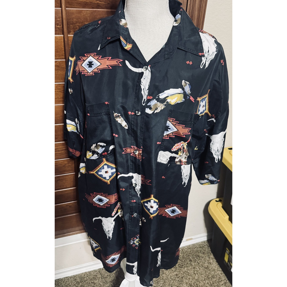 Studio GA Vintage 90s Silk Southwest Shirt Button-Up Blouse Cow Skull Womens XL